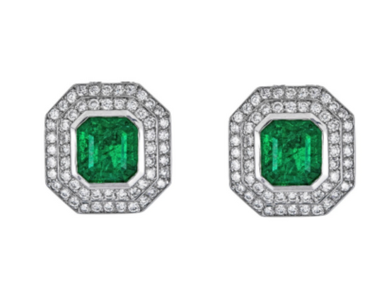 Diamond Framed Octagonal Emerald Earrings