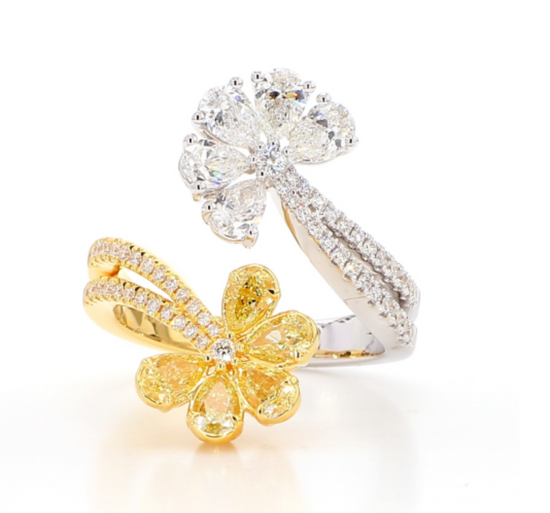 Yellow and White Diamond Flower Bypass Ring