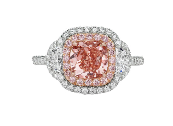 Cushion Cut Fancy Orangy Pink Diamond Ring