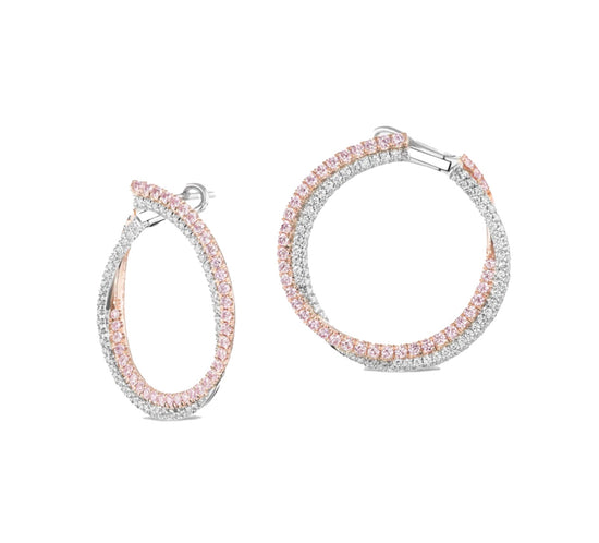 J Fine Argyle Pink and White Diamond Twisted Hoop Earrings