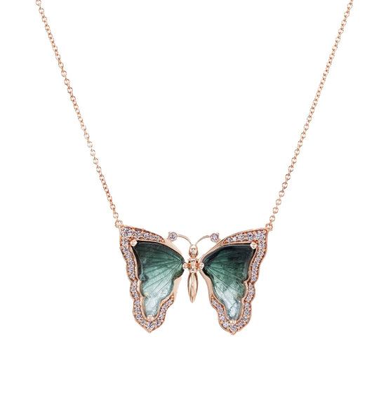 J Fine Green and White Tourmaline and Diamond Butterfly Pendant