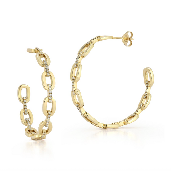 Gold Link Stud Hoo Earrings with Pave Diamond Bar Links