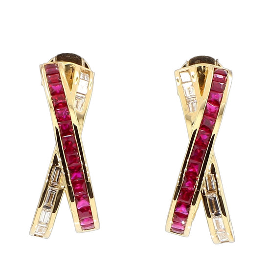 Criss-Cross Diamond and Ruby Hoop Earrings