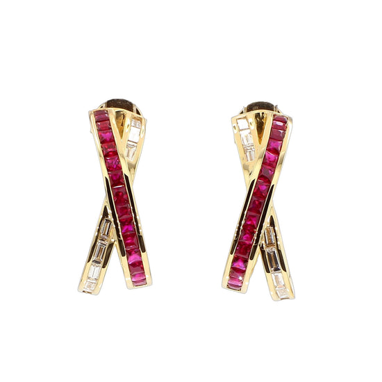 Criss-Cross Diamond and Ruby Hoop Earrings