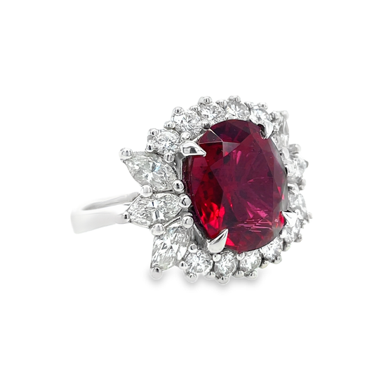 Oval Rubellite and Diamond Halo Ring