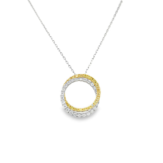 Yellow and White Diamond Circle Pendant Necklace