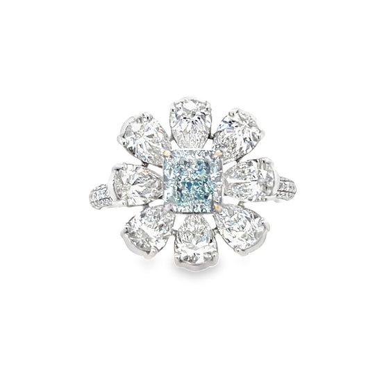 Fancy Light Greenish Blue Diamond Flower Ring
