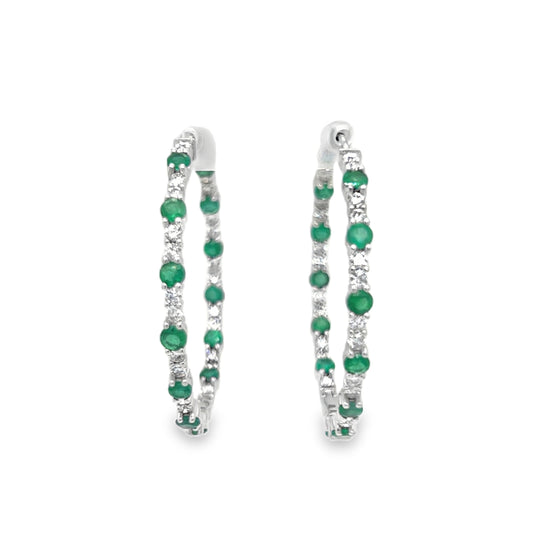 Diamond and Emerald Alternating Hoop Earrings in White Gold