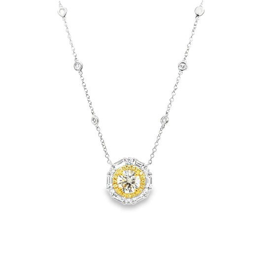 Yellow Diamond and White Diamond Halo Pendant Necklace