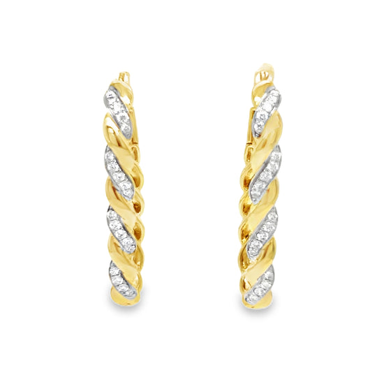 Yellow Gold and White Diamond Twist Hoop Earrings