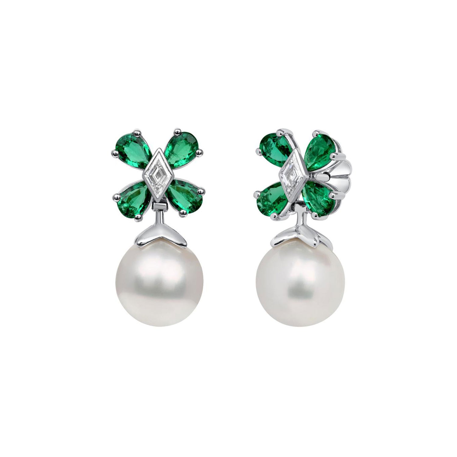 Earrings with a pearl hanging from a flower formed by pear-shaped emeralds and lozenge-shaped diamond center 