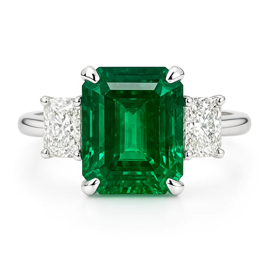 Emerald Ring and Radiant Cut Diamond Side Stone Ring