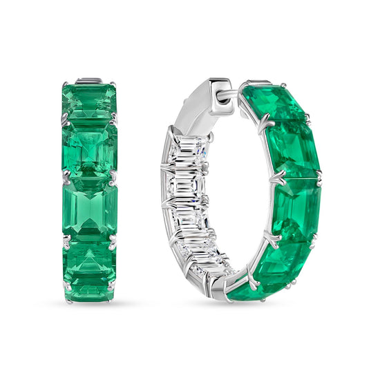 Emerald and Baguette Diamond Hoop Earrings