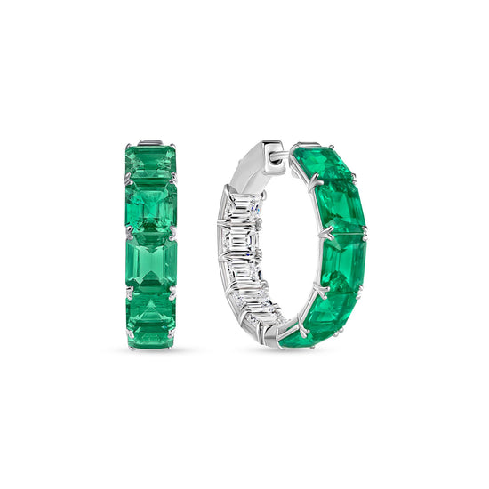 Emerald and Baguette Diamond Hoop Earrings