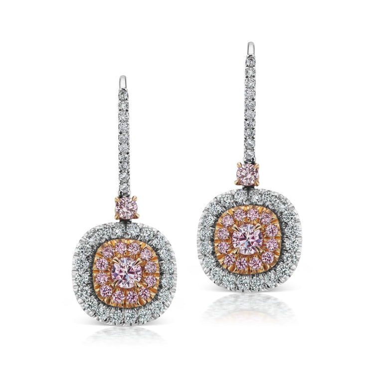 Close up view of the Argyle Pink Diamond Halo Drop Earrings.