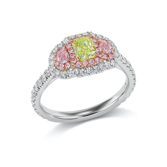 Argyle Pink and Green Diamond Three Stone Halo Ring