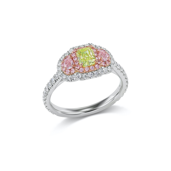J Fine Argyle Pink and Green Diamond Three Stone Halo Ring