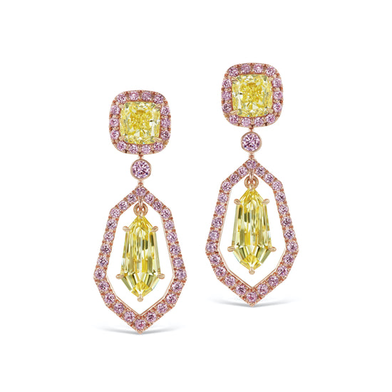 J Fine Argyle Pink Diamond Earrings with Yellow Shield Diamonds