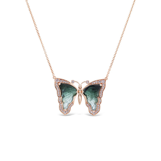 J Fine Green and White Tourmaline and Diamond Butterfly Pendant