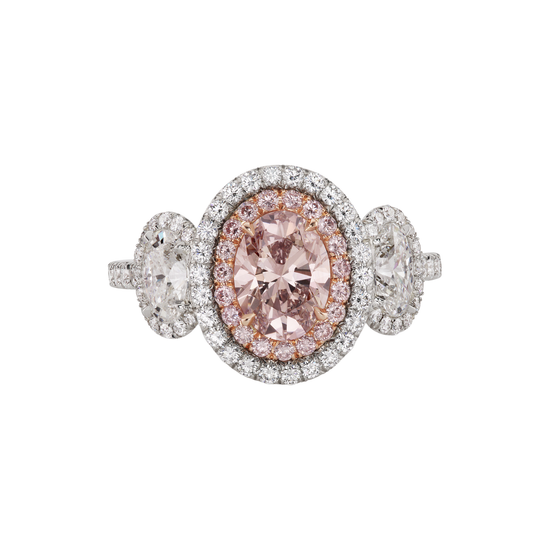 Brown Pink Oval Diamond Three Stone Ring