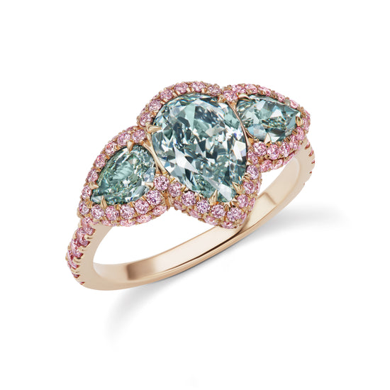 Argyle Pink Diamond and Bluish Green Pear Shape Diamond Three Stone Ring