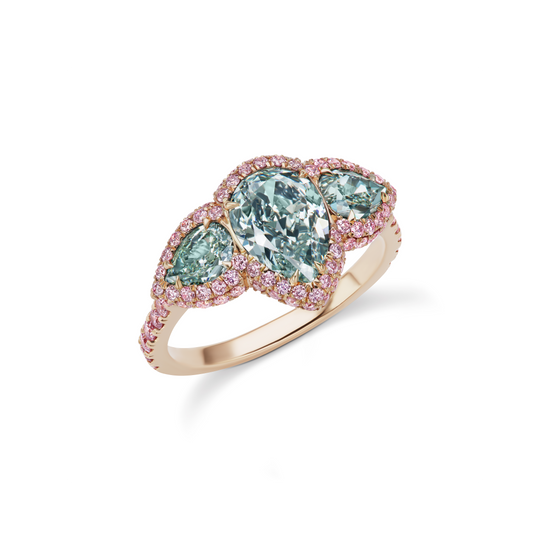 Argyle Pink Diamond and Bluish Green Pear Shape Diamond Three Stone Ring