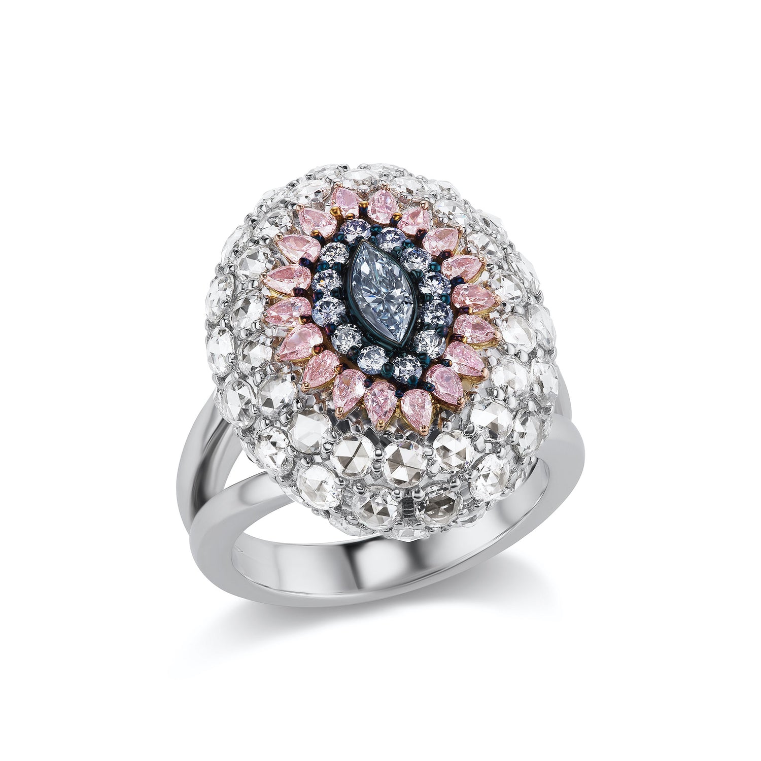 Close-up view of the Diamond Dome Ring.  Center stone is a Marquise Fancy Blue Diamond. Center stone is surrounded by 0.53CTs of Pear Shape Fancy Purplish Pink Diamonds, 0.23CTs of Round Argyle Blue Diamonds , and 3.52CTs of White Diamonds. Set in 18K Pink and White Gold.