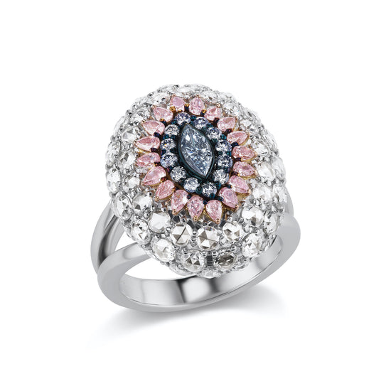 Close-up view of the Diamond Dome Ring.  Center stone is a Marquise Fancy Blue Diamond. Center stone is surrounded by 0.53CTs of Pear Shape Fancy Purplish Pink Diamonds, 0.23CTs of Round Argyle Blue Diamonds , and 3.52CTs of White Diamonds. Set in 18K Pink and White Gold.