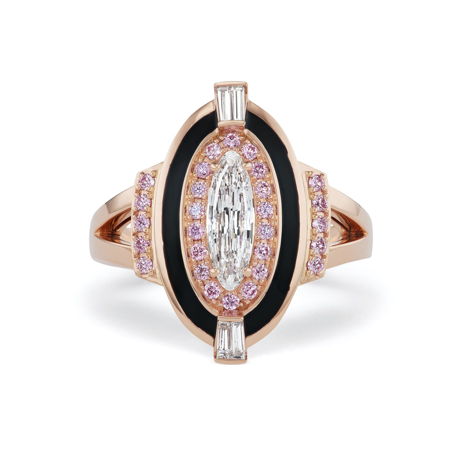Close up view of an oval diamond cocktail ring. Featuring an oval diamond at the center surrounded by argyle pink diamonds. 