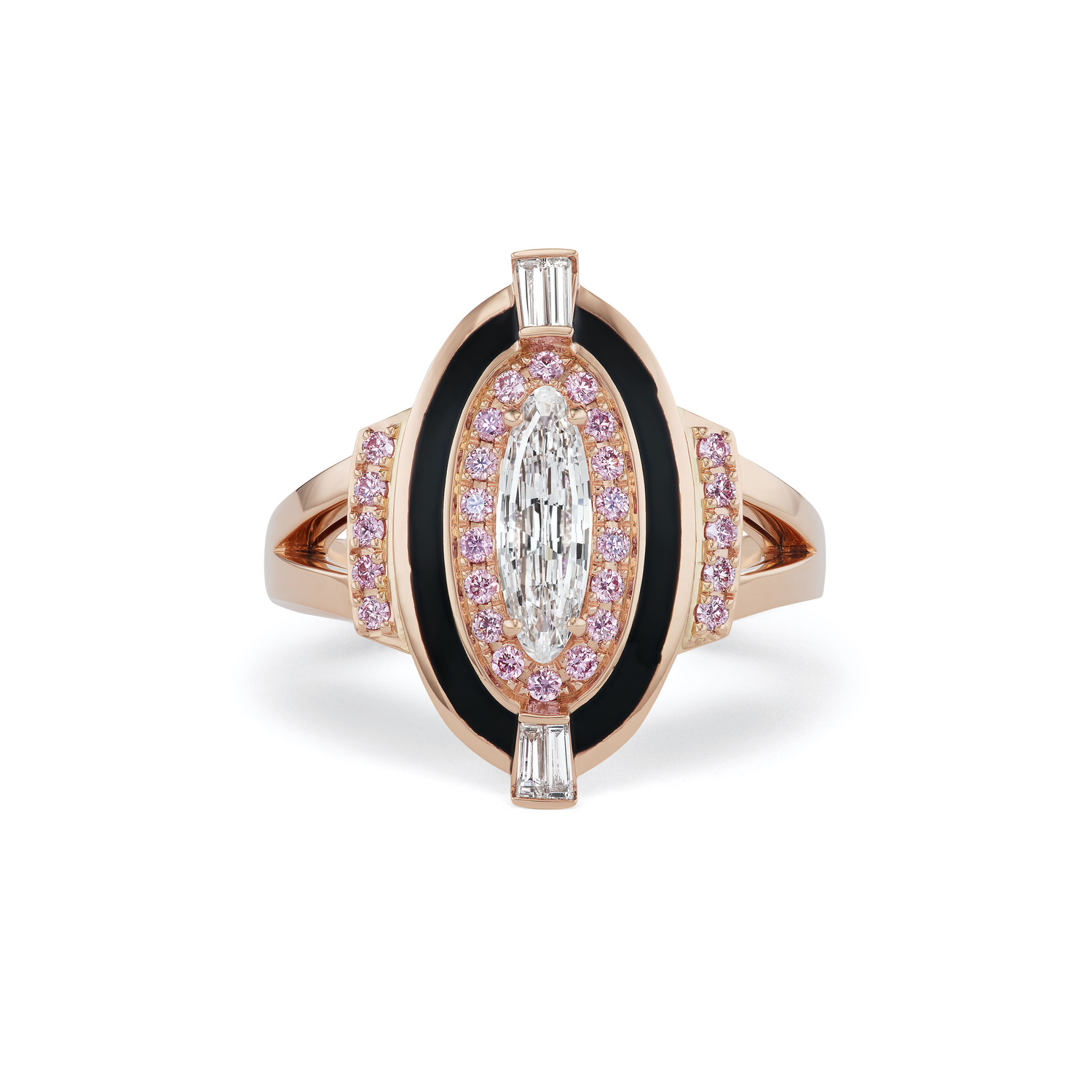 Close up view of an oval diamond cocktail ring. Featuring an oval diamond at the center surrounded by argyle pink diamonds. 
