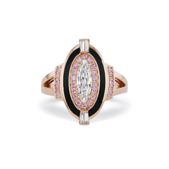 Close up view of an oval diamond cocktail ring. Featuring an oval diamond at the center surrounded by argyle pink diamonds. 