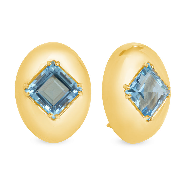 Gold oval studs with square 11.50 ct aquamarine embellishments in the center