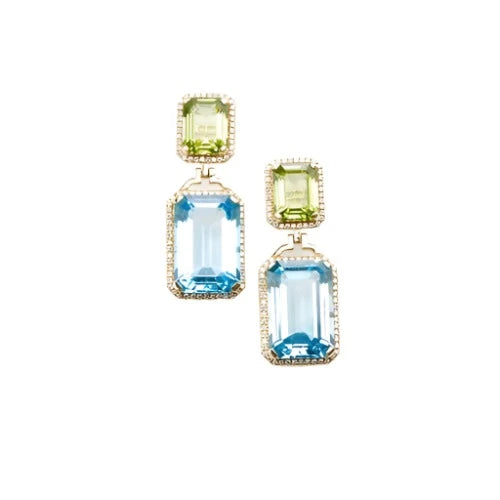 Emerald-cut blue topaz and green peridot drop earring with diamond embellishments on 18K yellow gold