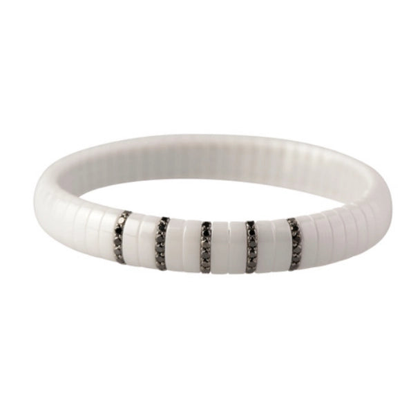 Stretch bracelet with white ceramic adorned with brilliant-cut black diamonds