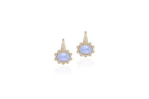 Flower-shaped blue chalcedony cabachons earrings on 18k yellow gold with 0.76 carats of diamond embellishments