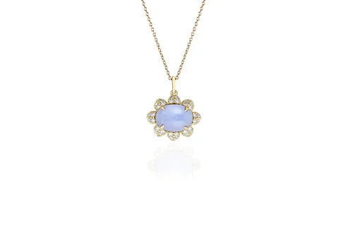 18K yellow gold necklace with a flower pendant featuring a blue chalcedony stone adorned with diamonds