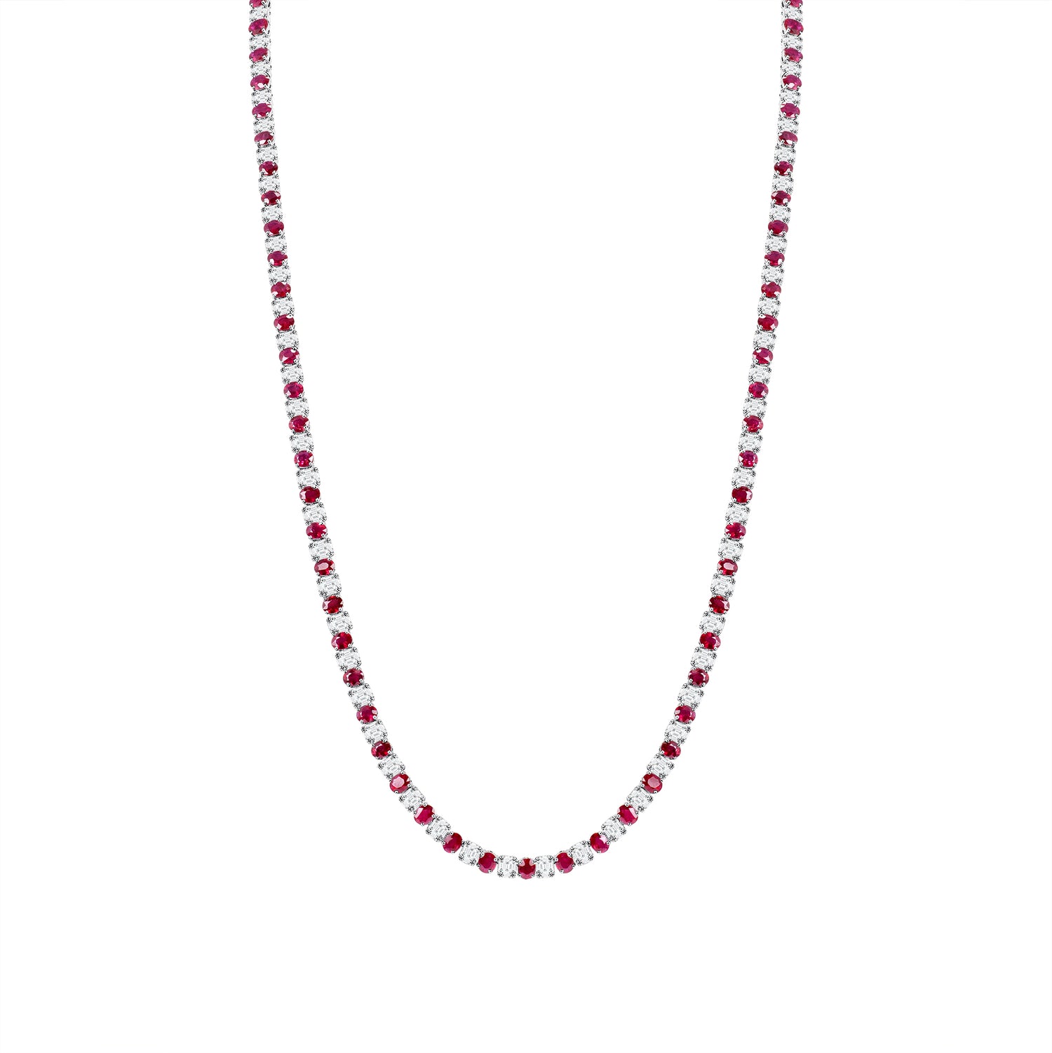 Slim 18K white gold necklace with 50.65 ct of vibrant rubies and sparkling white diamonds 
