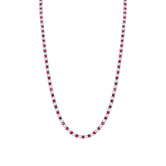 Slim 18K white gold necklace with 50.65 ct of vibrant rubies and sparkling white diamonds