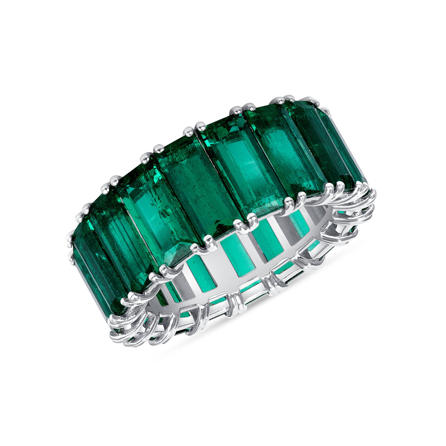 Classic eternity band featuring 18 baguette-cut emeralds on a shared prong setting
