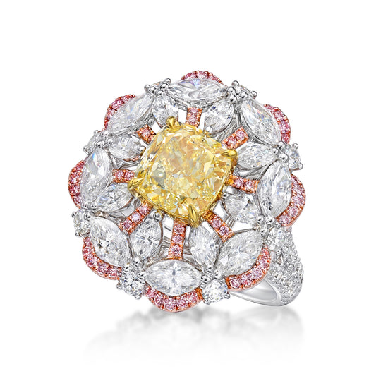 18K white and rose gold flower ring embellished with pink and white diamonds featuring a 2.37 ct fancy yellow diamond center