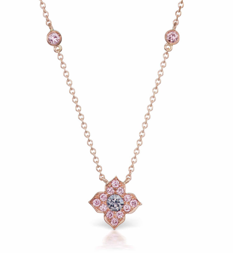 18K pink gold azalea necklace adorned with 0.20 ct of argyle pink diamonds and a 0.08 ct argyle blue diamond