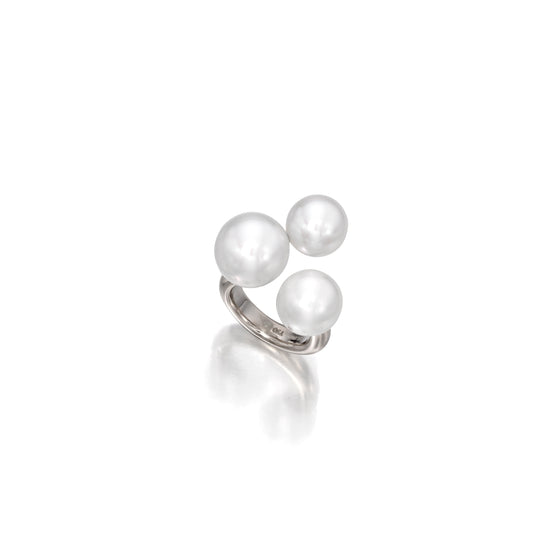 Open ring featuring three south sea cultured pearls on 18K white gold