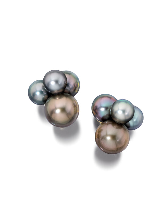 Cluster of Tahitian natural-colored pearl earrings on 18K yellow gold