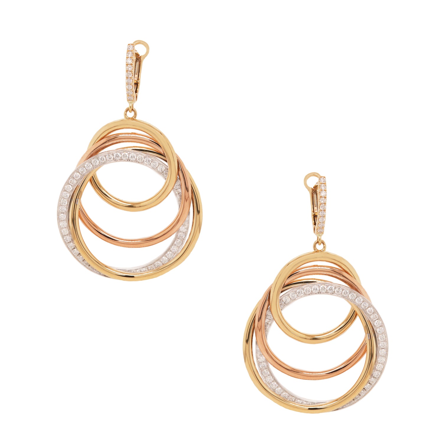 Three-toned gold drop earrings with interlocking circles adorned with diamonds