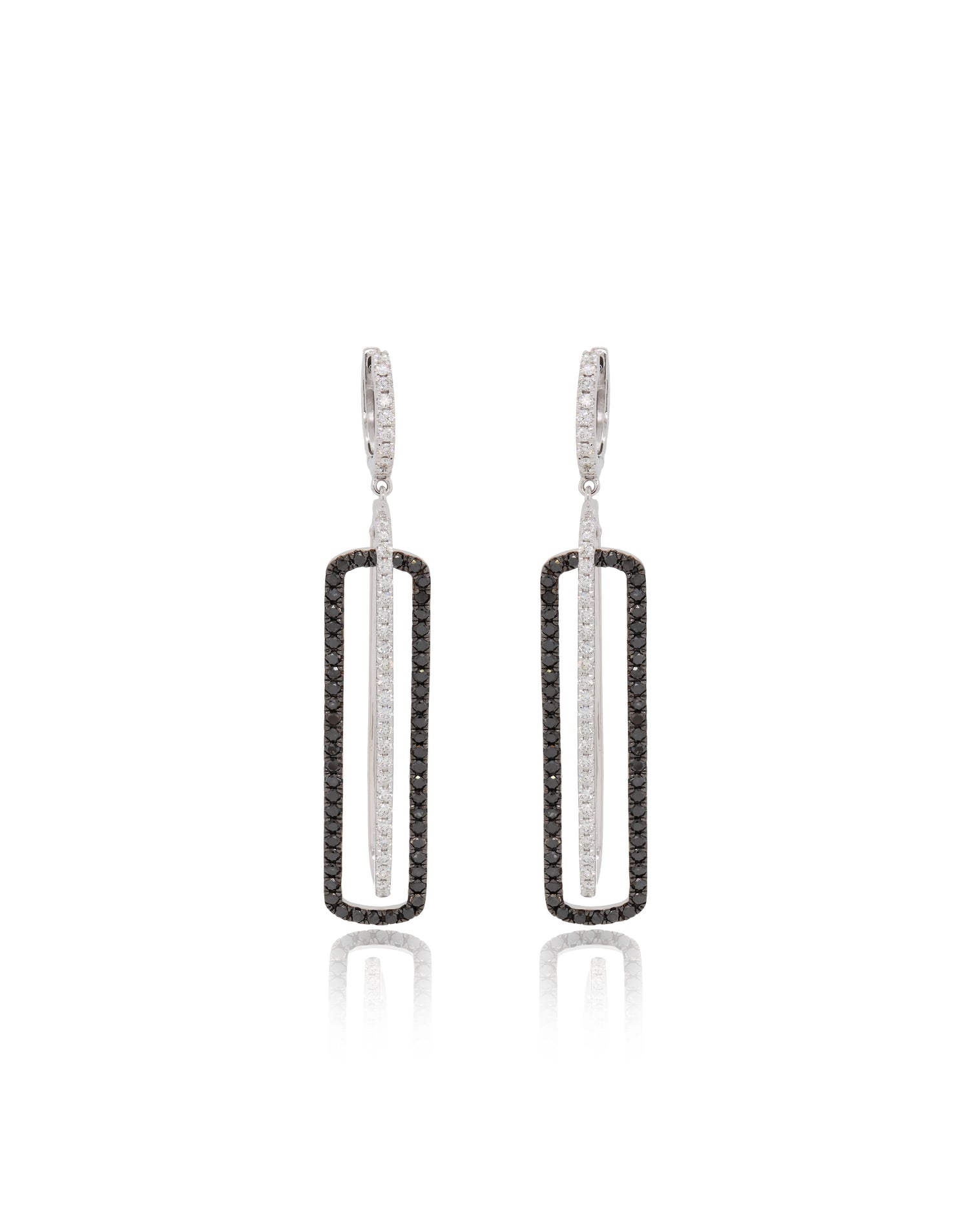 14K white gold rectangle-shaped drop earrings embellished with black and white diamonds