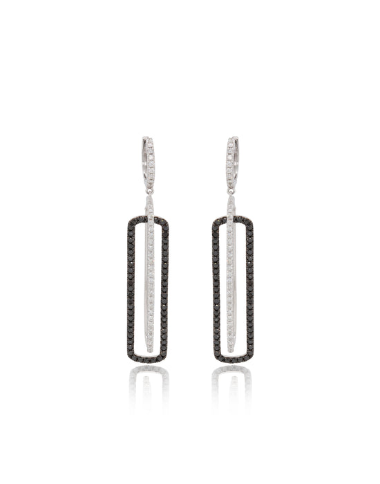 14K white gold rectangle-shaped drop earrings embellished with black and white diamonds