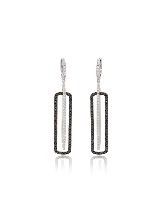 14K white gold rectangle-shaped drop earrings embellished with black and white diamonds