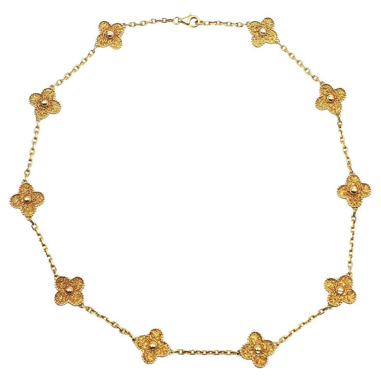 Close up, top down view of the VCA Alhambra Necklace.