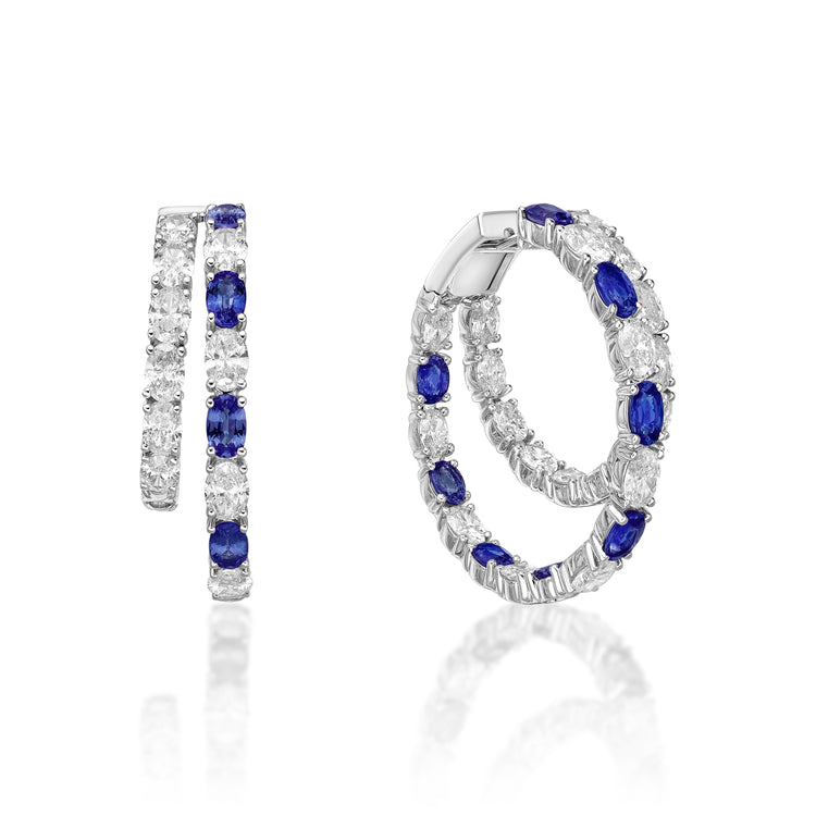 18K white gold double hoop earrings adorned with 8.03 ct white diamonds and 2.79 ct blue sapphires