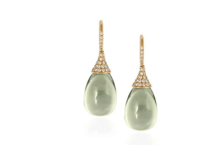 18K yellow gold prasiolite and diamond drop earrings with a diamond embellishment 